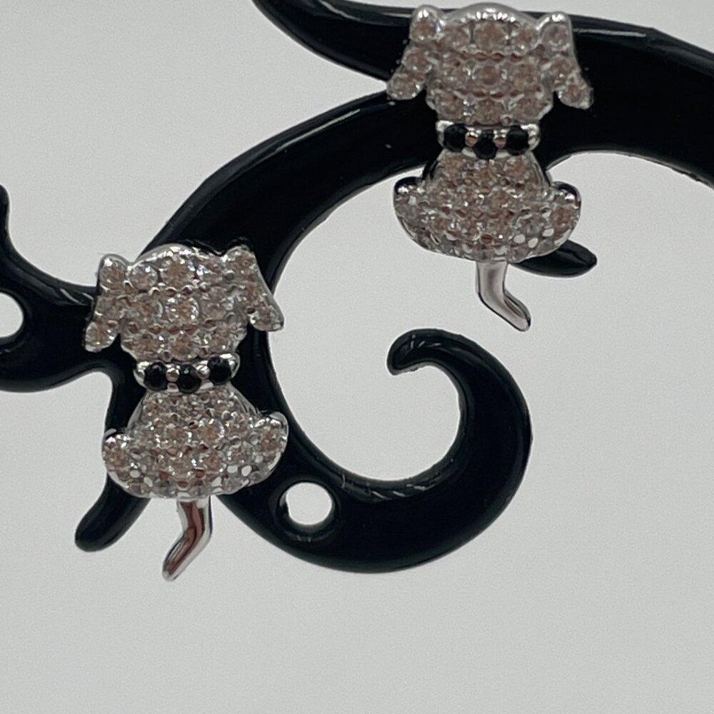 Dog-Shaped 925 Silver Stud Earrings Clear Crystals & Black Accents Puppy